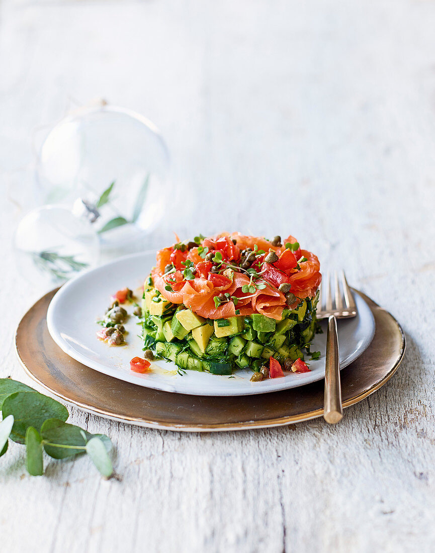 Cucumber, smoked salmon and avo stacks