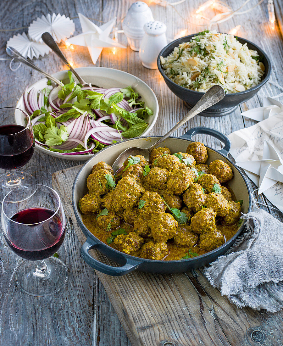 Lamb ball curry with herbs and almond basmati risotto