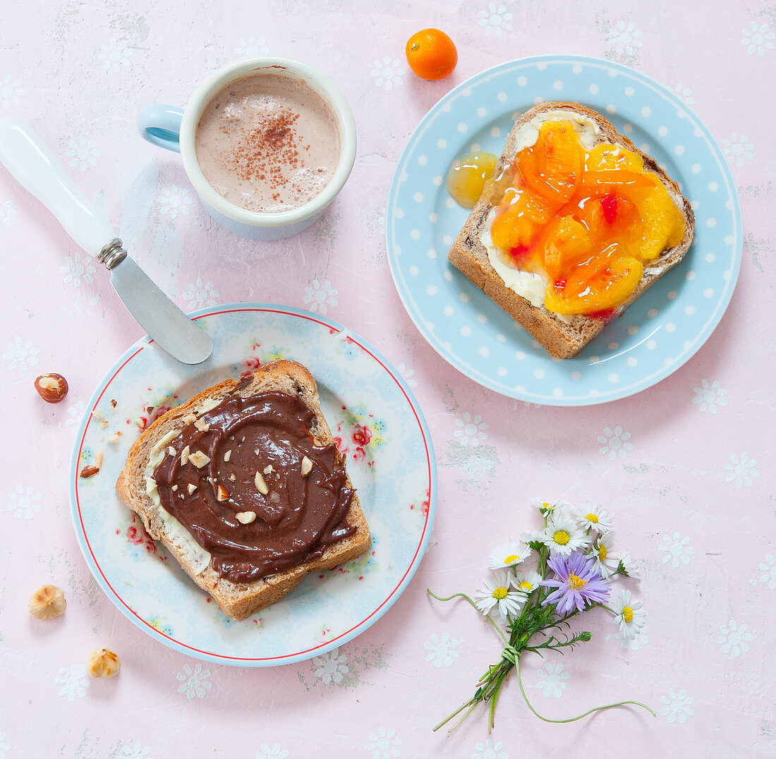 Bread with hazelnut and nougat cream, and bread with cream cheese and orange-kumquat marmalade