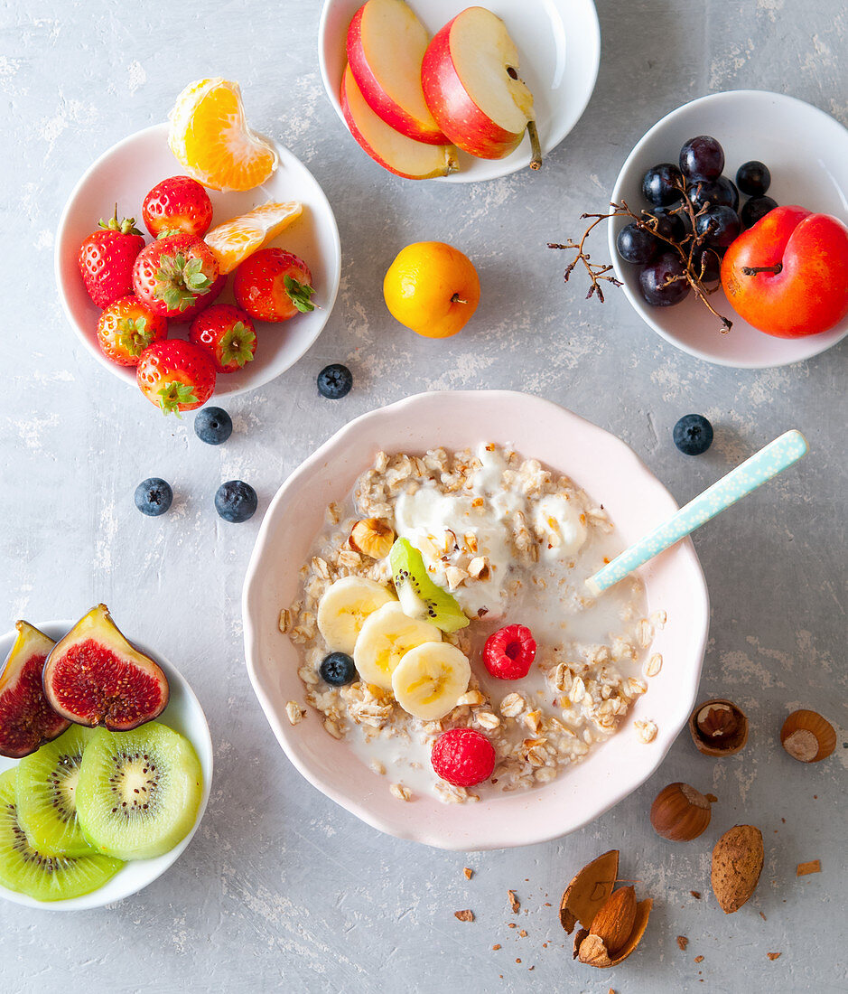 Bircher muesli with fresh fruits and almonds