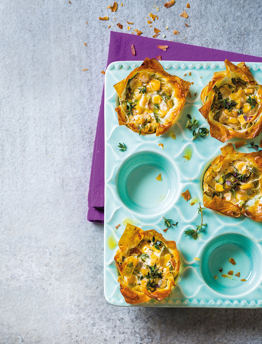 Spinach, spring onion and corn phyllo parcels