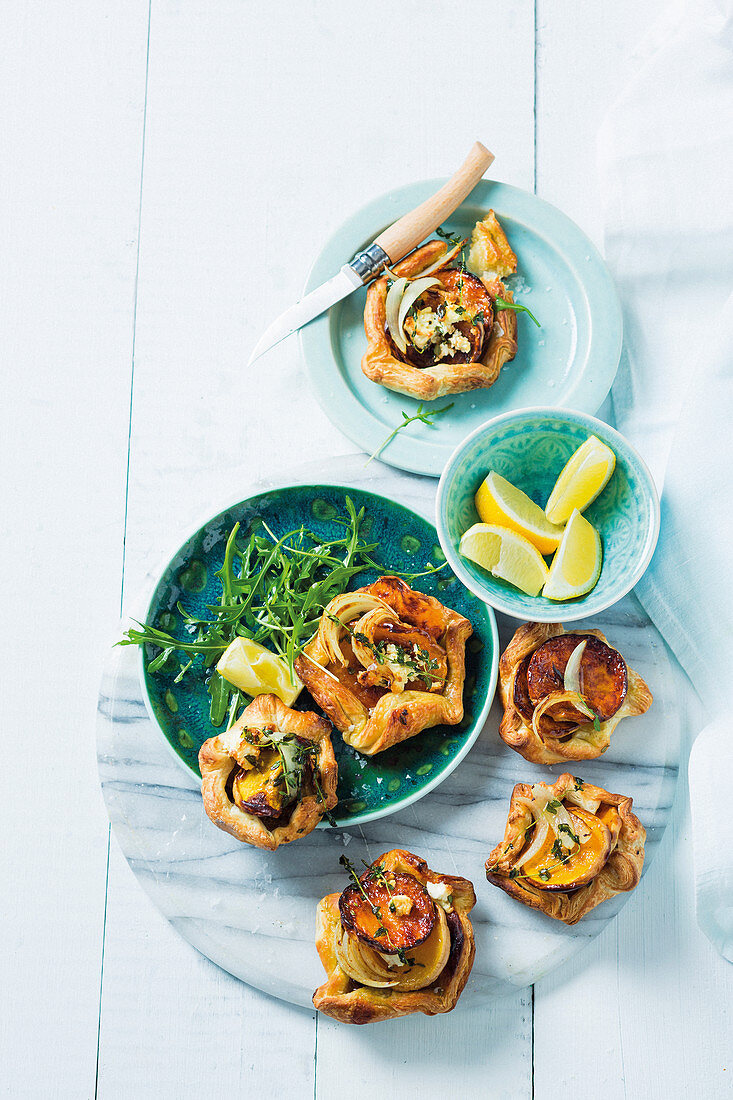 Mini butternut and onion galettes with feta