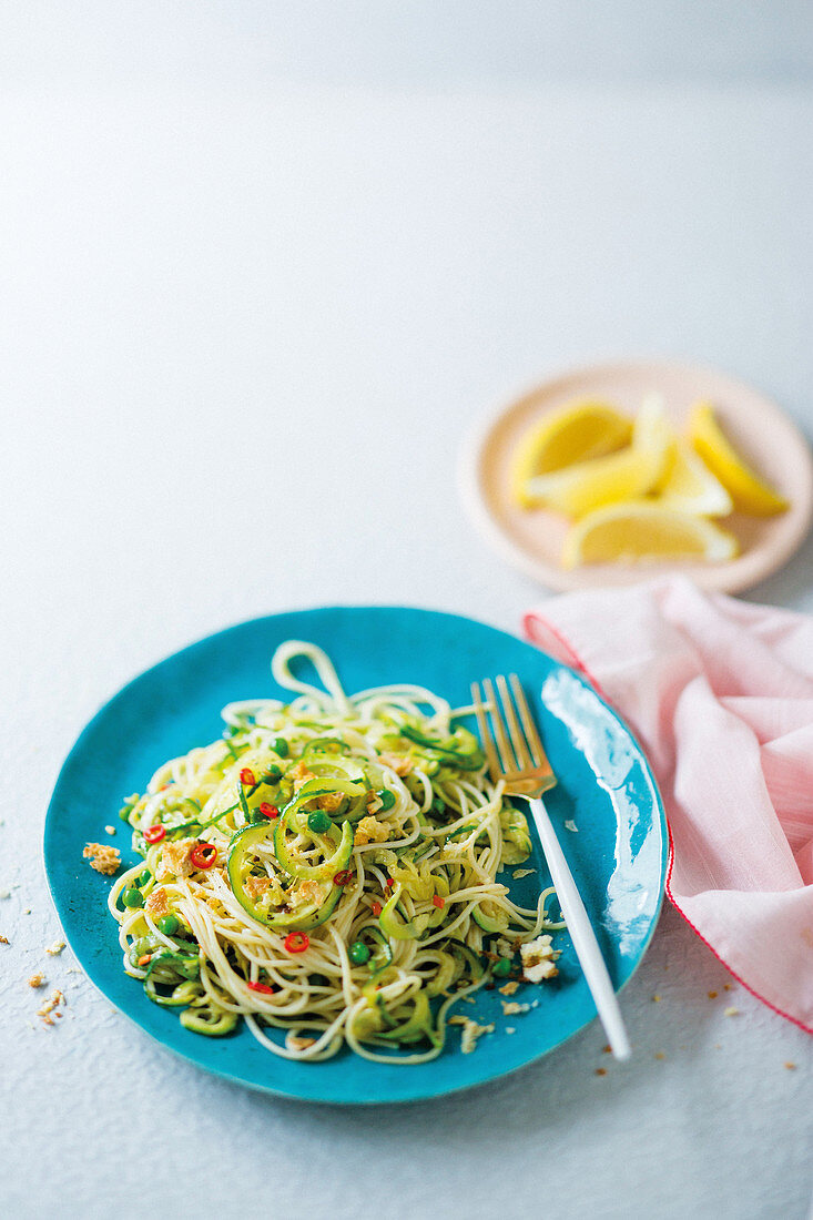 Pasta primavera with baby marrow fettuccine