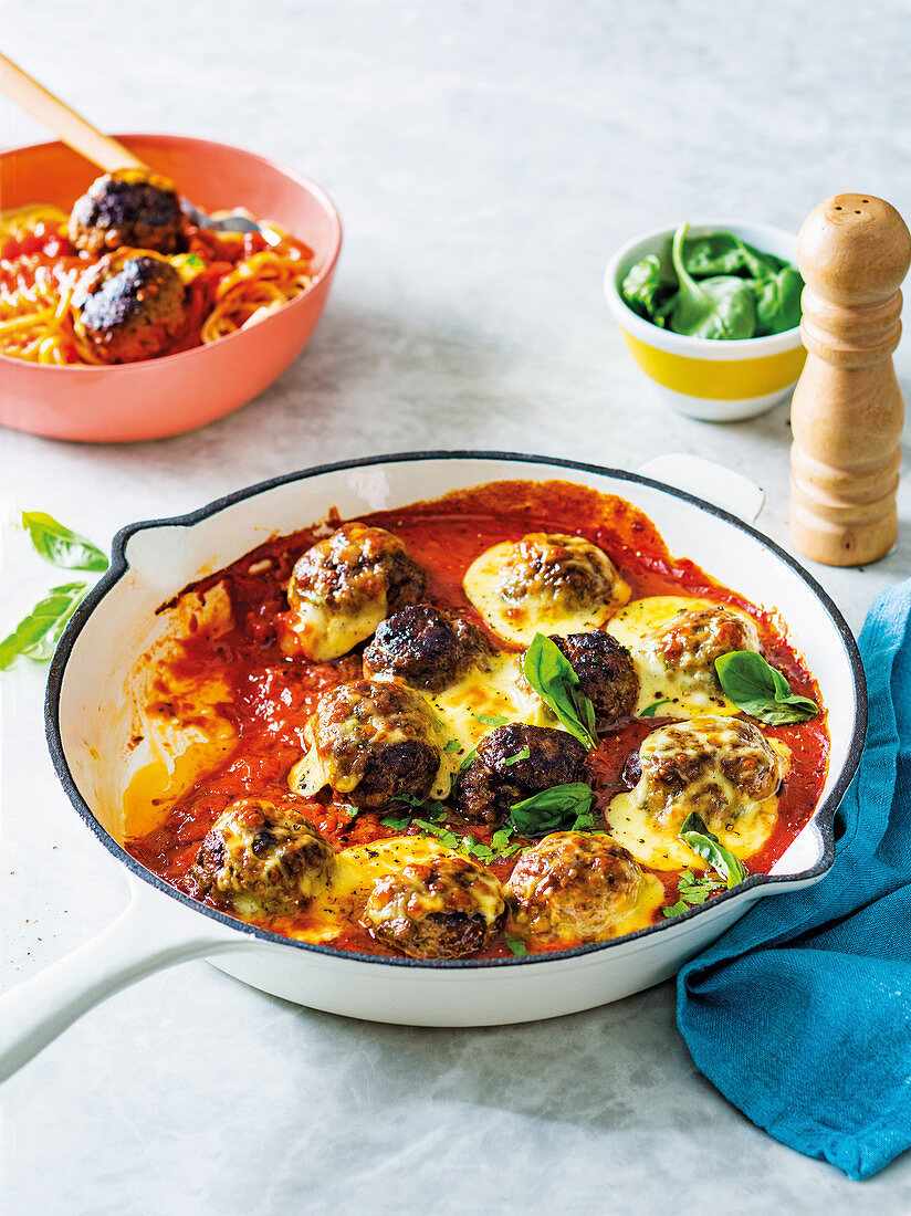 Cheesy tomato meatballs on spaghetti