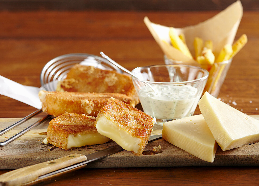 Baked cheese with tartare sauce and french fries (Czech Republic)
