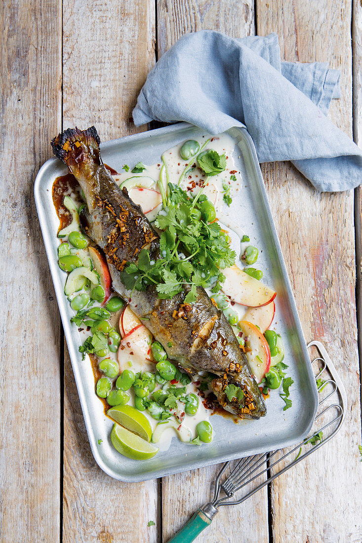 Oriental trout with broad beans and apple
