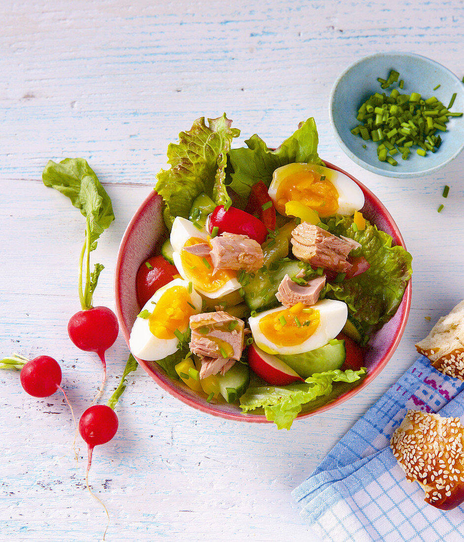 Salad bowl with tuna fish, radishes and boiled eggs