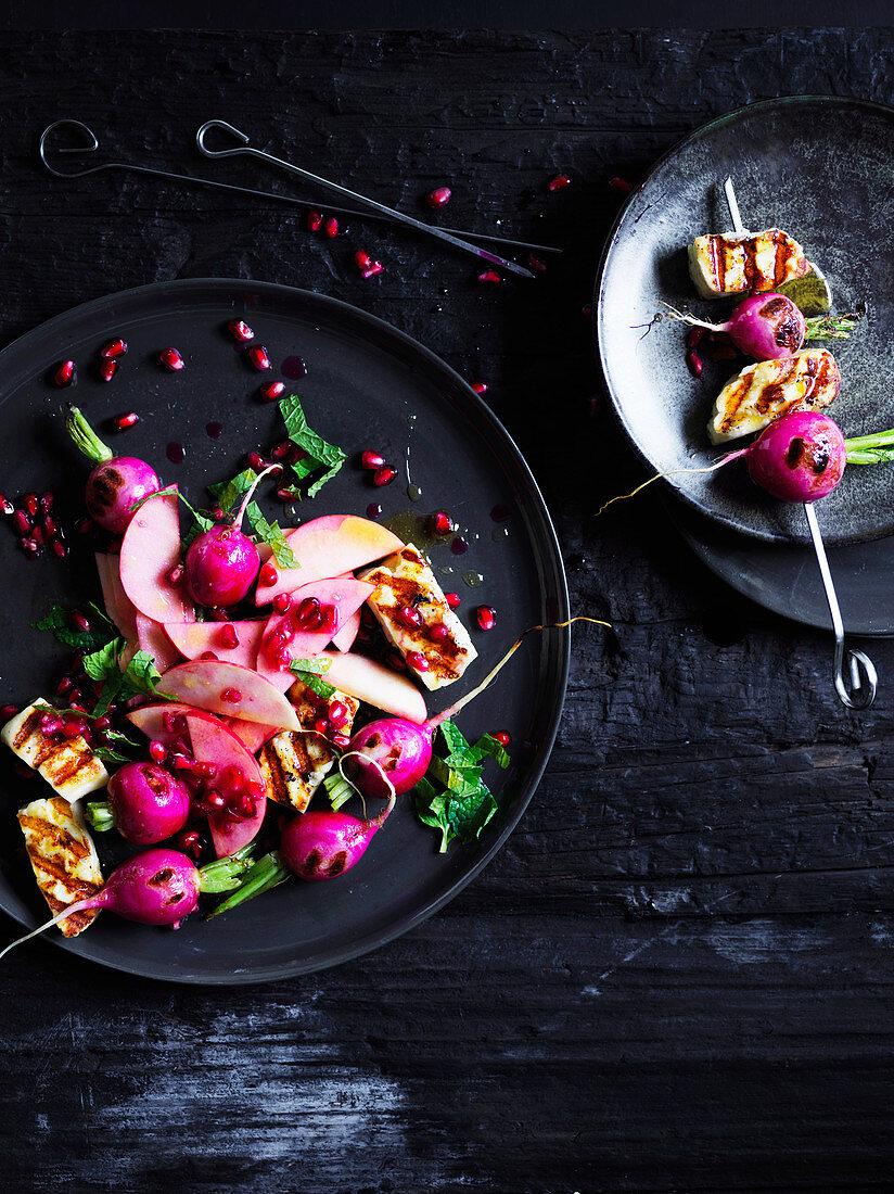 Haloumi and Radish Skewers with apple and pomegranate
