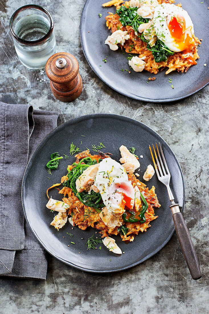 Parsnip latkes with smoked haddock and poached egg