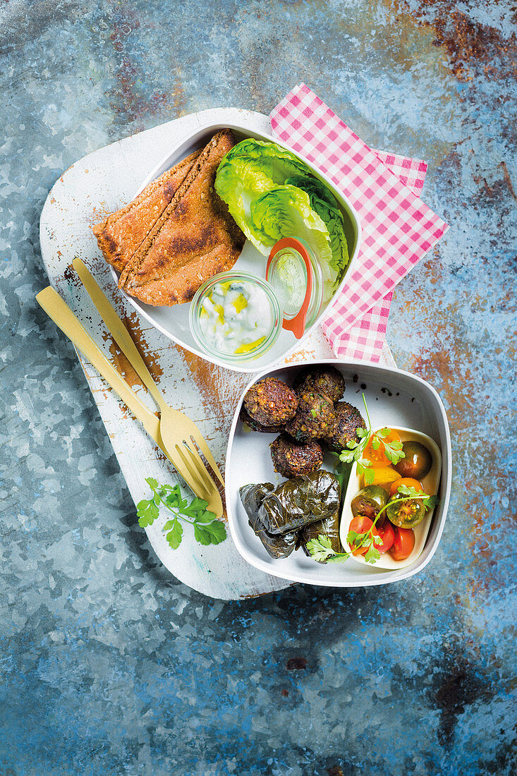 Vegetarische Lunchbox mit Falafel, Dolmades, Tzatziki und Pita