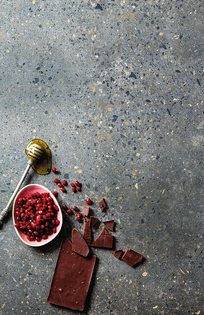 Chocolate, pomegranate seeds and honey