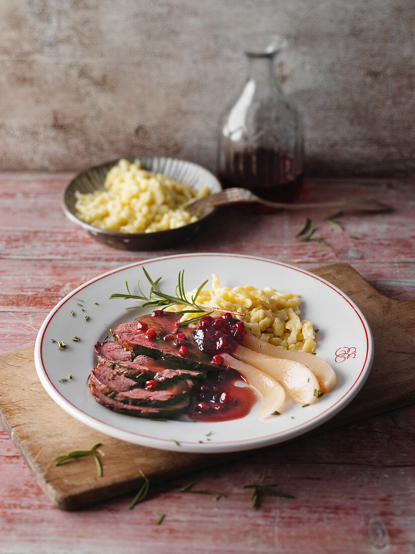 Roast venison with pears, Knöpfle (soft egg noodles from Switzerland) and lingonberries