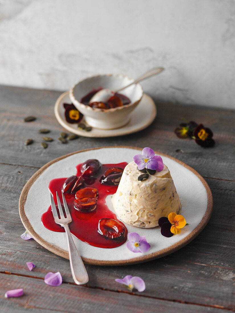 Pumpkin seed parfait with damson compote