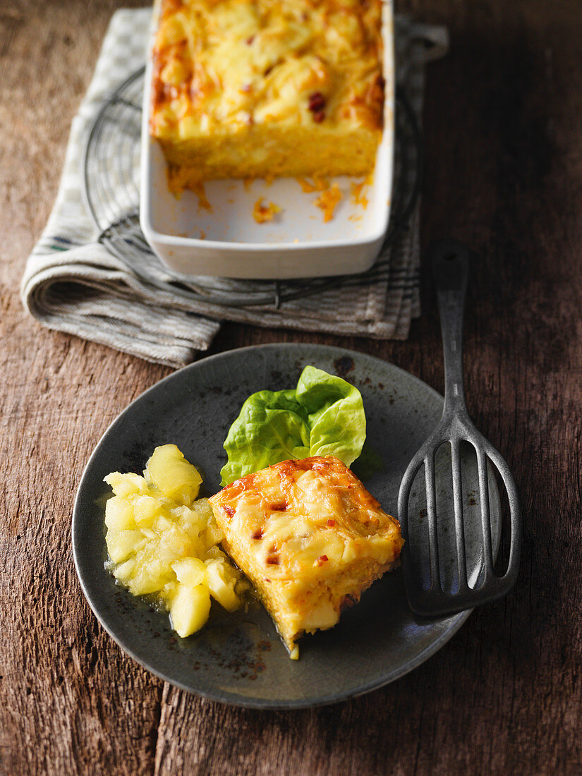 Schorles (German potato cake with bacon) with apple sauce