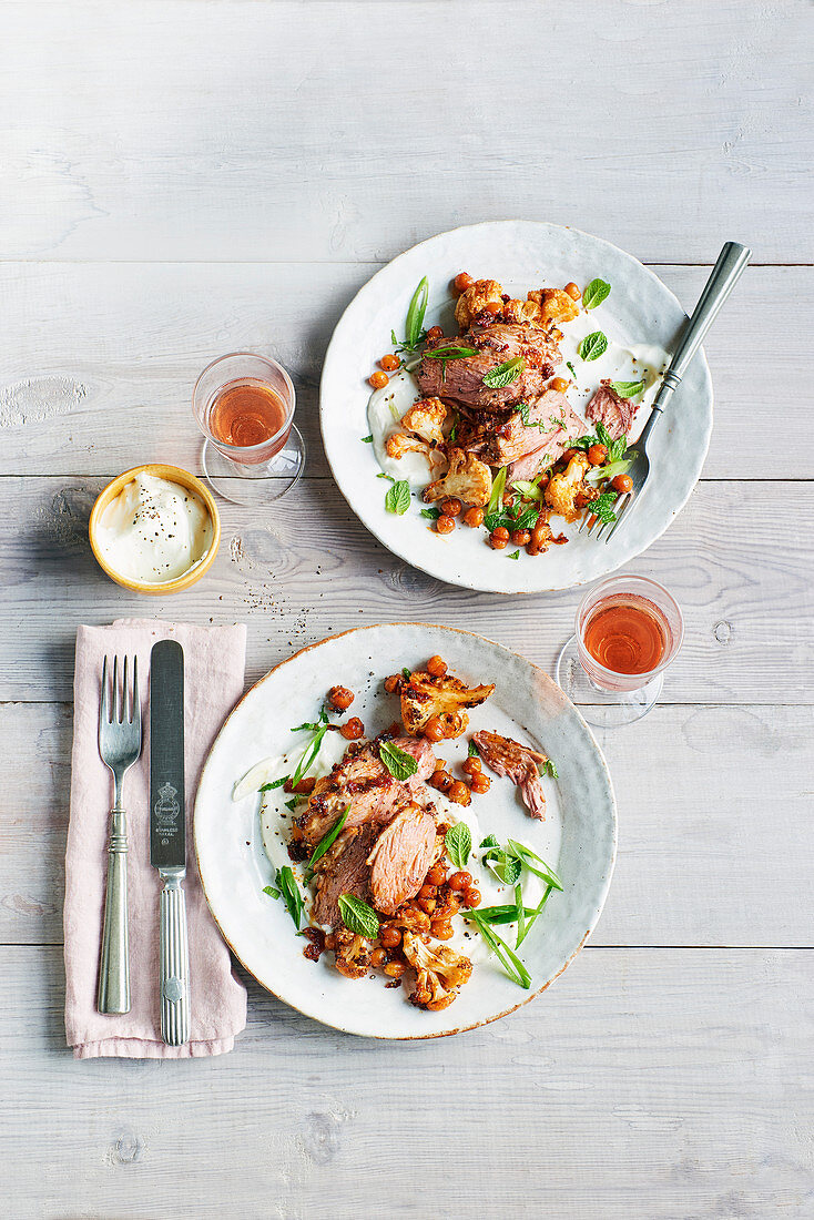 Harissa lamb with labneh and chickpeas