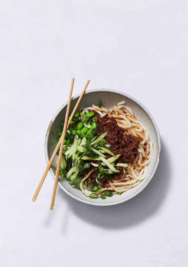 Zhajiang mian - Chinese noodles with meat sauce and cumcumber