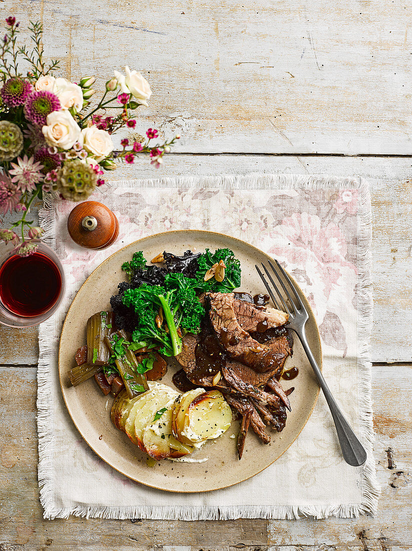 One-pot beef brisket with poatoe Dauphinoise and Italien kale