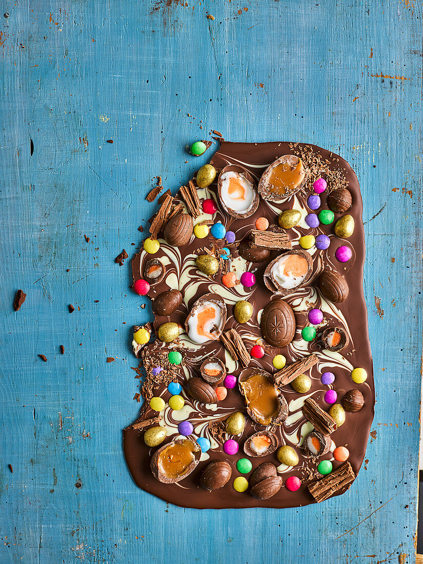 Chocolate with chocolate eggs and chocolate beans for Easter