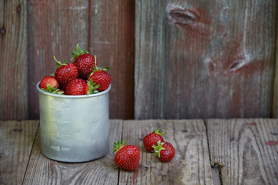 Strawberries in metal container