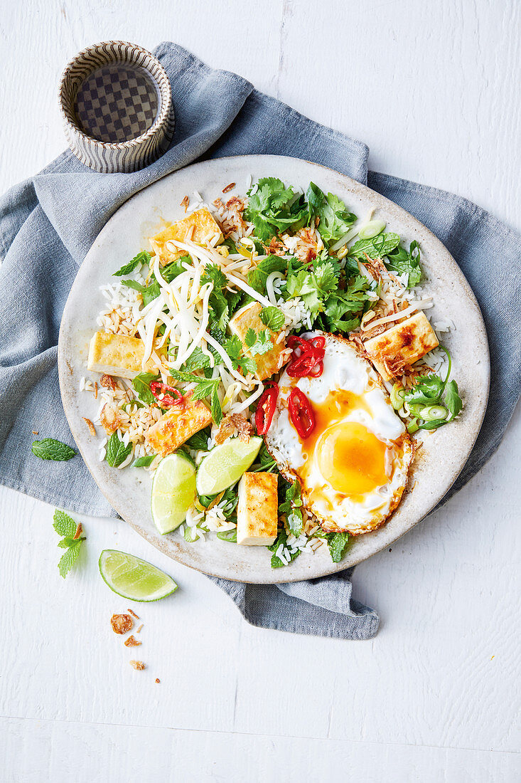 Reissalat mit Spiegelei, Sprossen und Tofu (Asien)