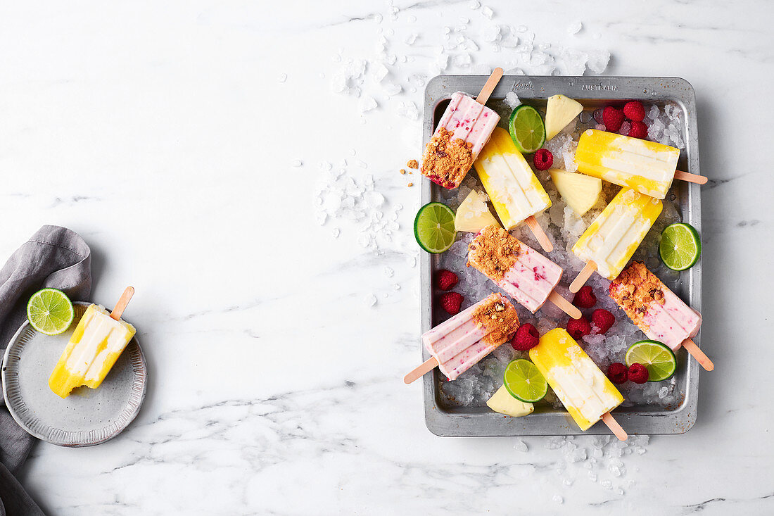 Raspberry crumble ice-pops, Pina colada yoghurt pops