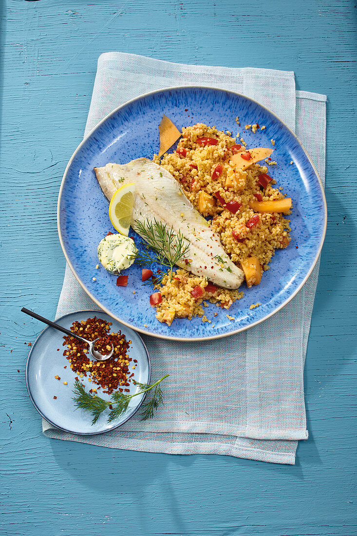 Oven-roasted trout fillet with bulgur