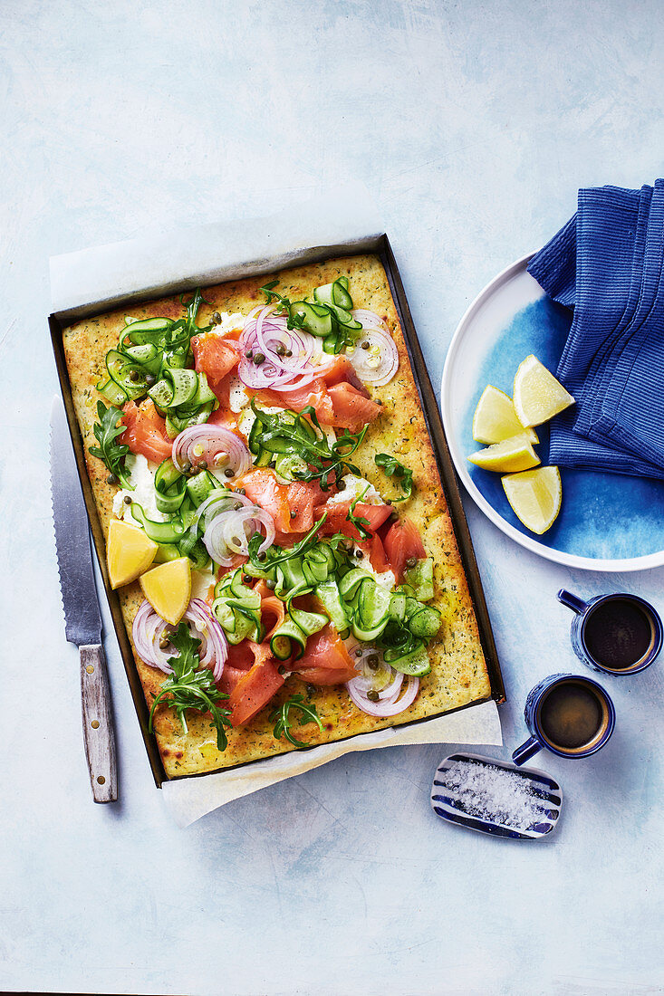 Smoked salmon tray bake pancake