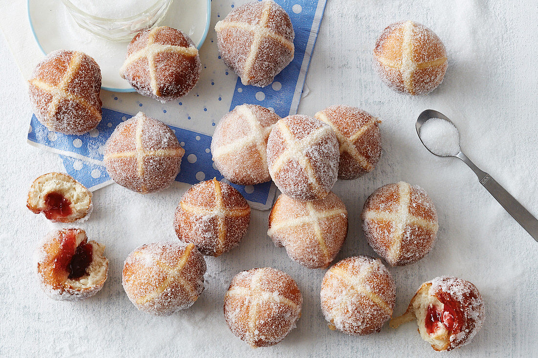 Hot cross bun jam doughnuts