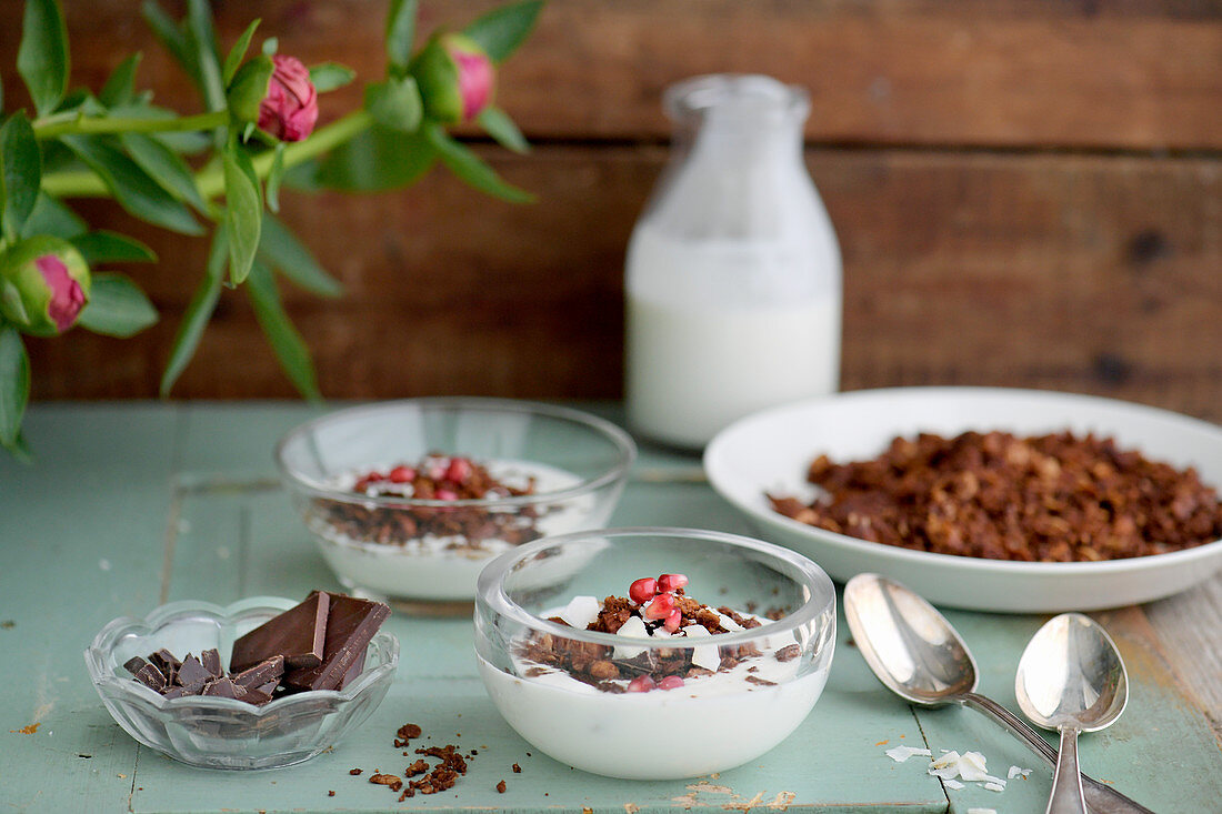 Granola with yoghurt and pomegranate seeds