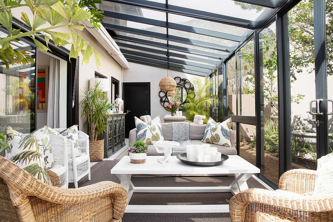 Classic living room in conservatory with holiday ambience