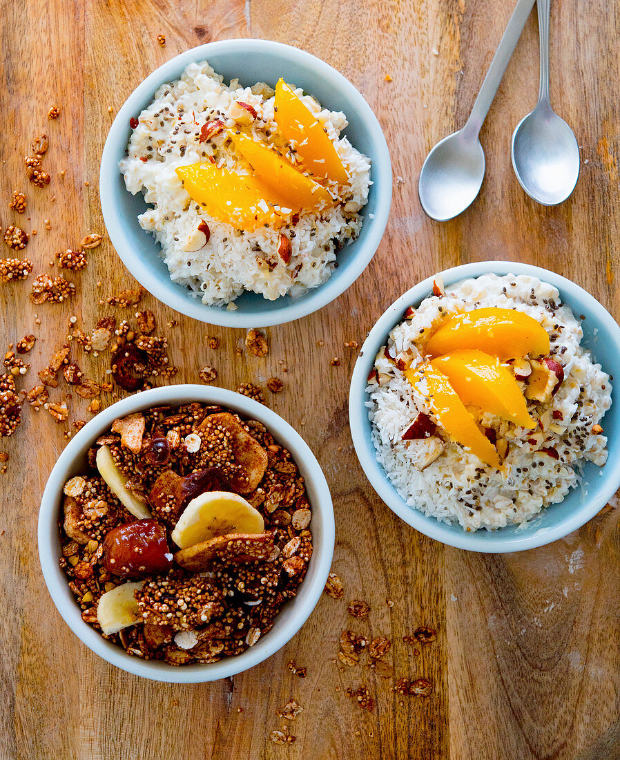 Granola and coconut rice muesli with peaches