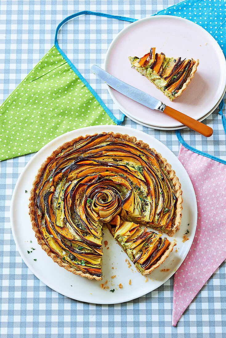 Summer vegetable and pesto rose tart