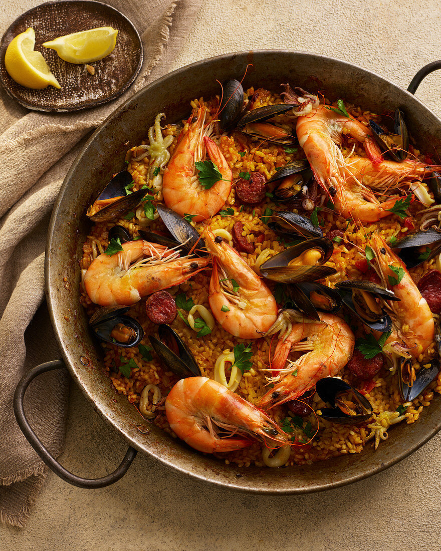 Seafood Paella with King Prawns, Chorizo, Mussels and Squid
