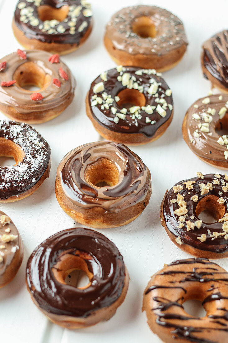 Various doughnuts with chocolate glaze