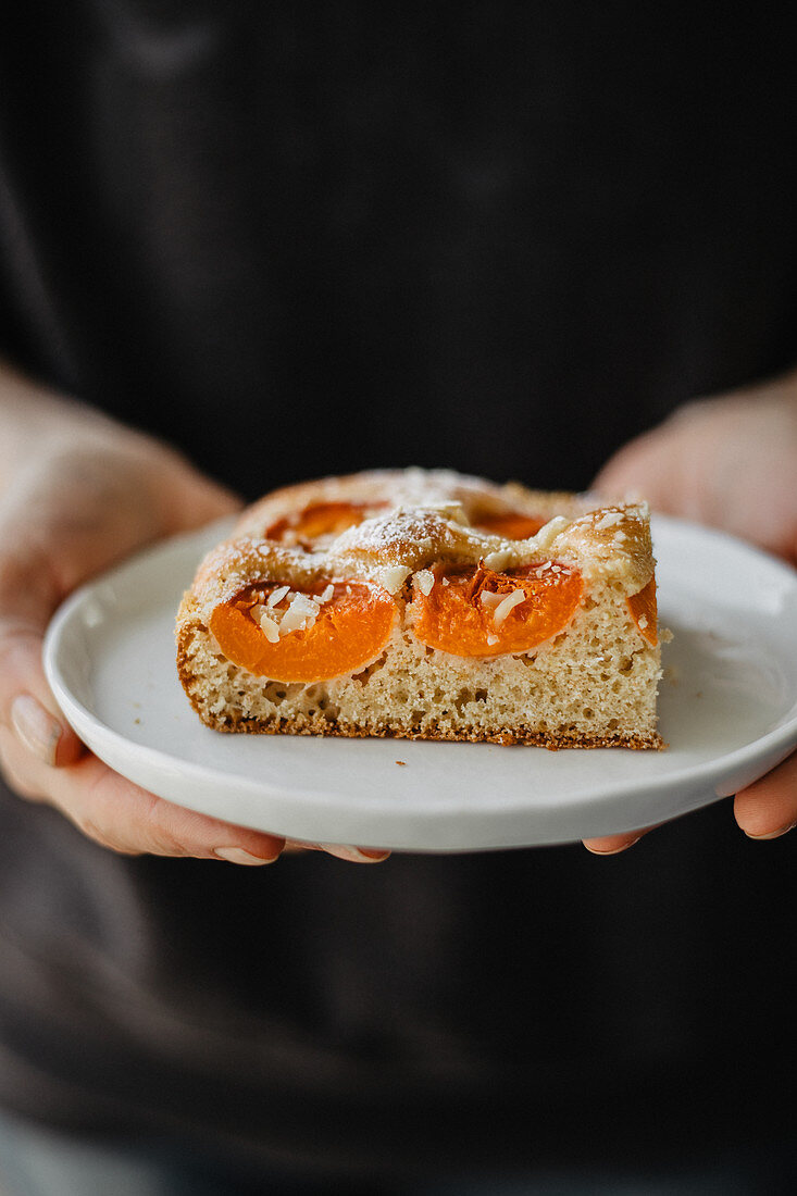 Hände halten Teller mit einem Stück Aprikosenkuchen