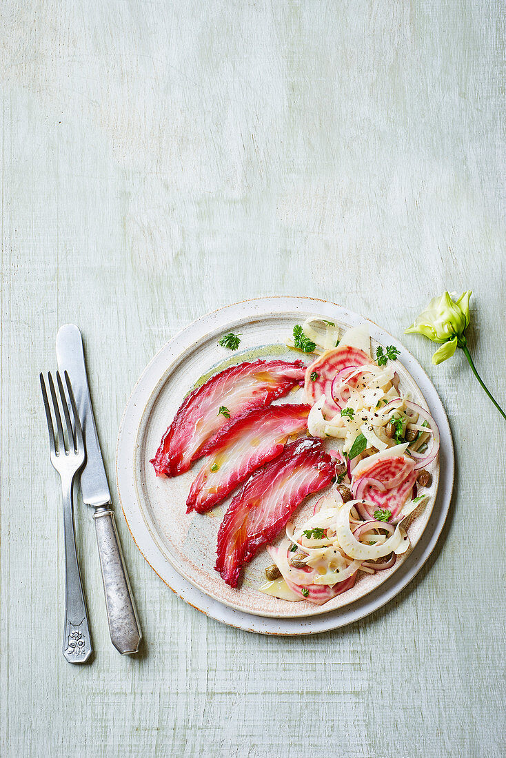 Beetroot-cured cod with fennel and kohlrabi slaw