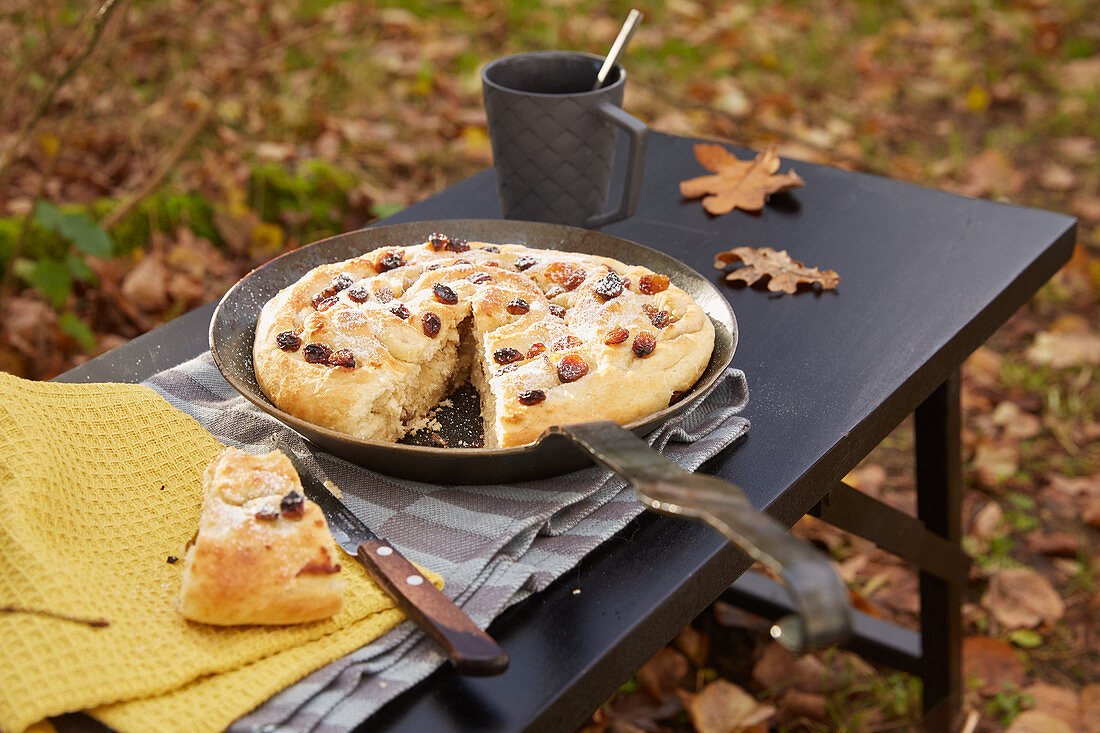 Fried raisin cake in a pan, served on a garden table