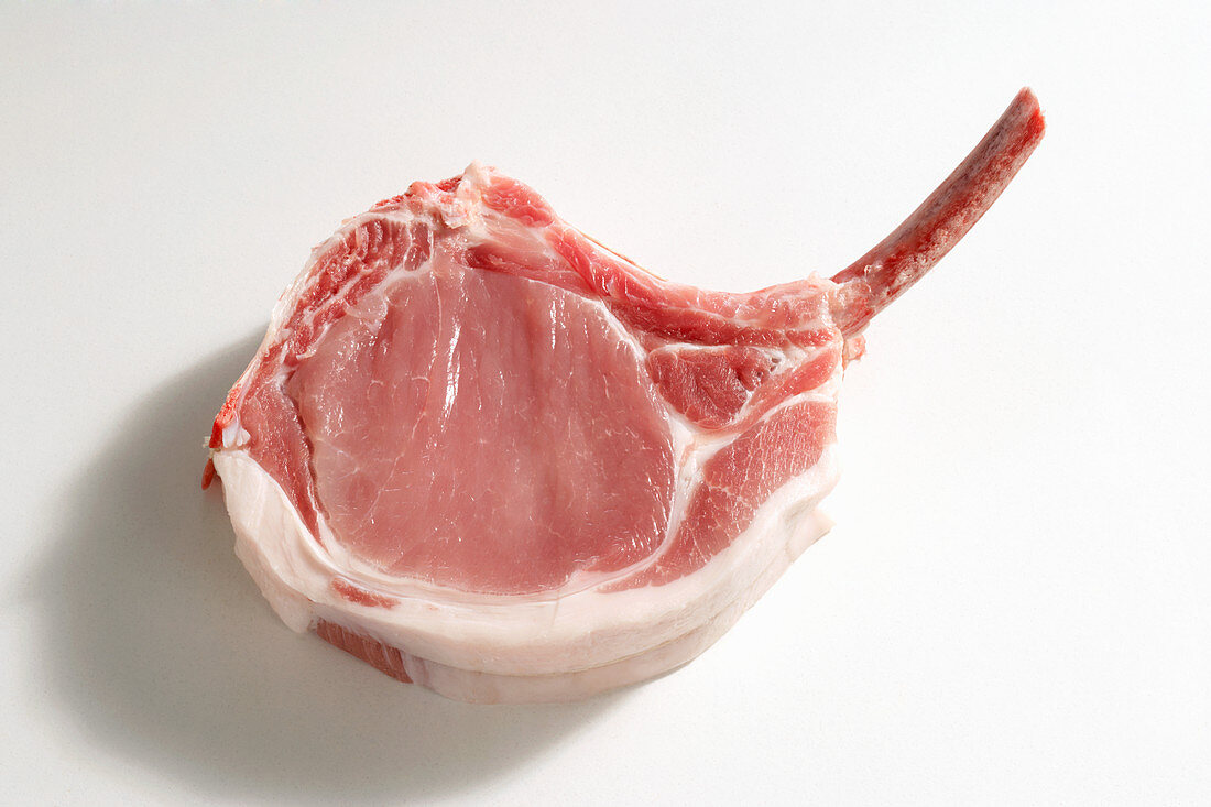 A raw pork cutlet with bone