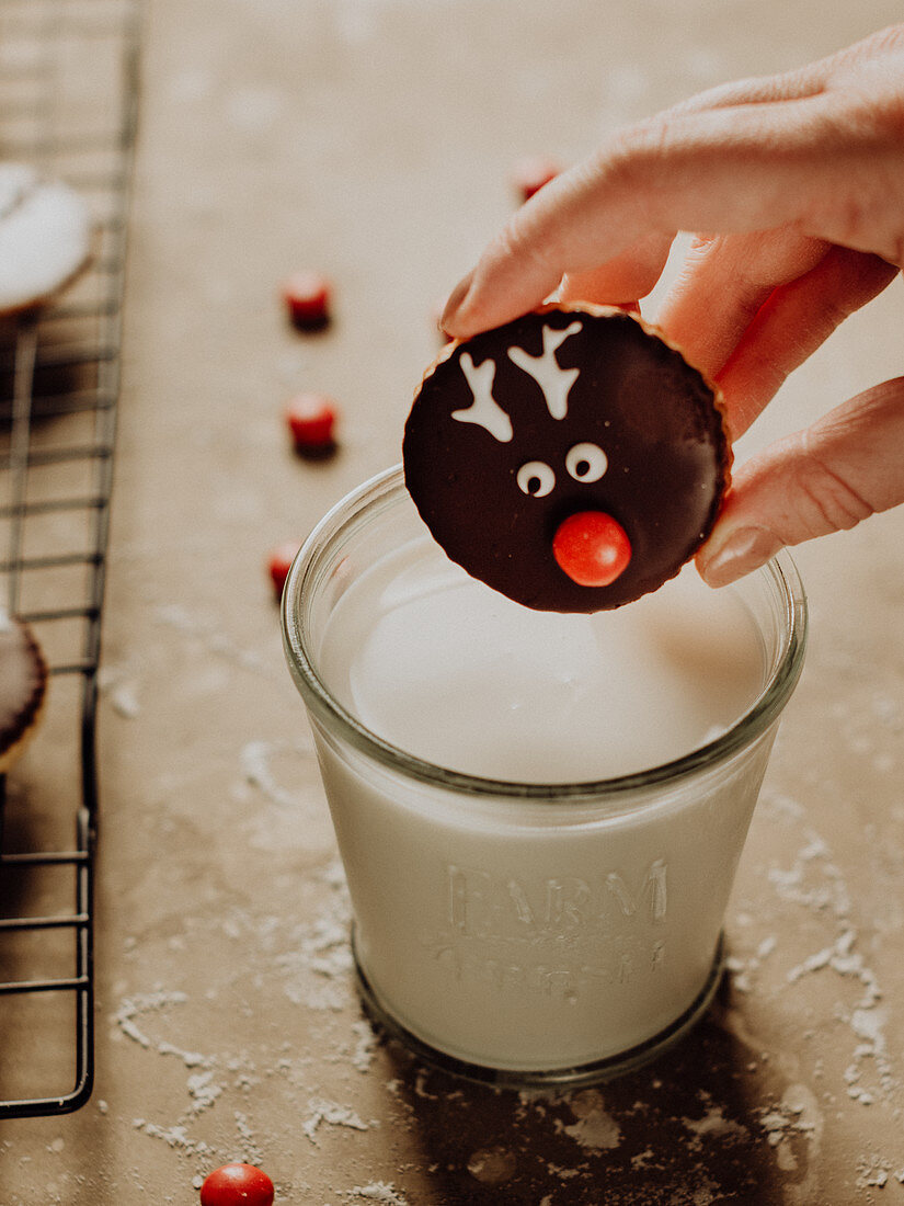 Reindeer Christmas cookies and a glass of milk for dipping