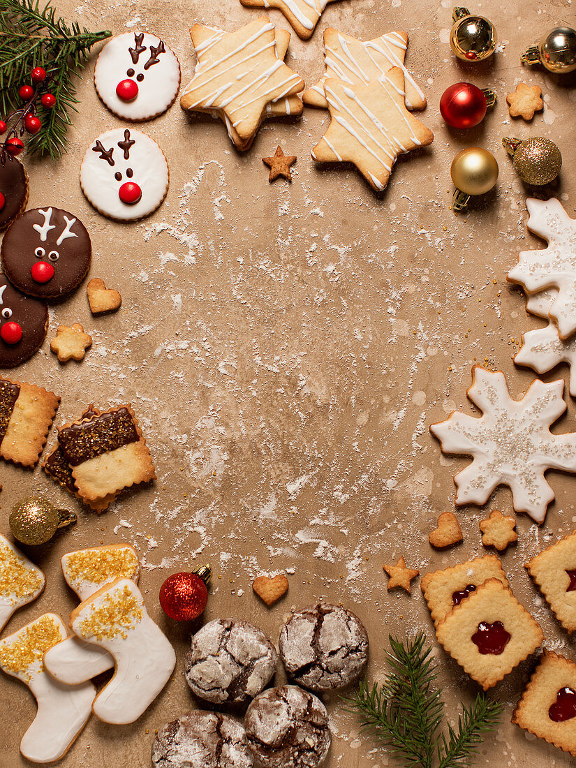 Assorted cookies on the brown background