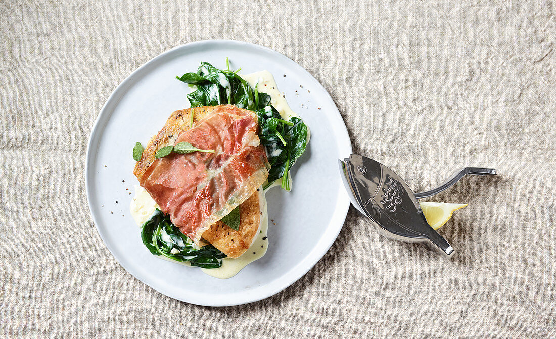 Fish saltimbocca with spinach