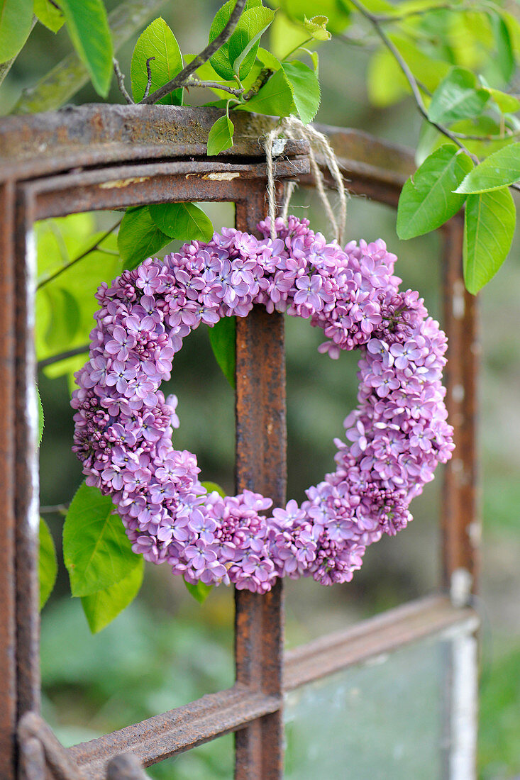 Lilac wreath hung on old window frames
