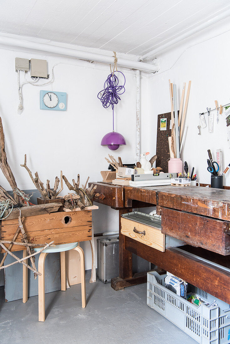 Wooden workbench in workshop