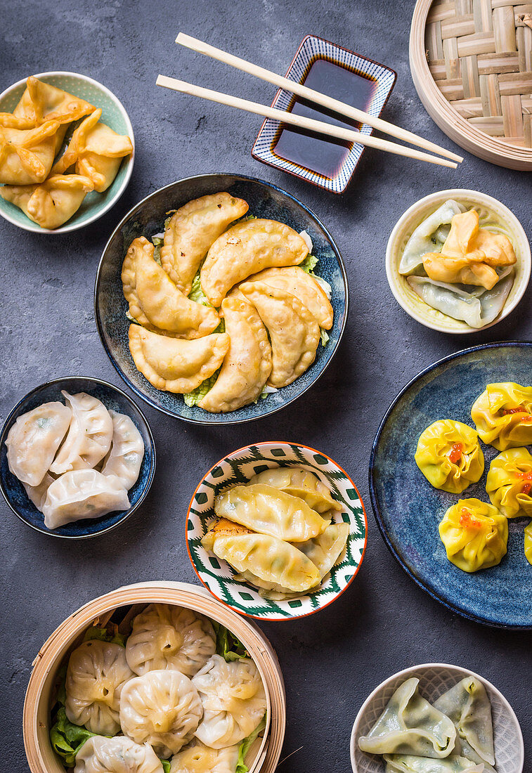 Assorted dim sum appetizers on rustic background