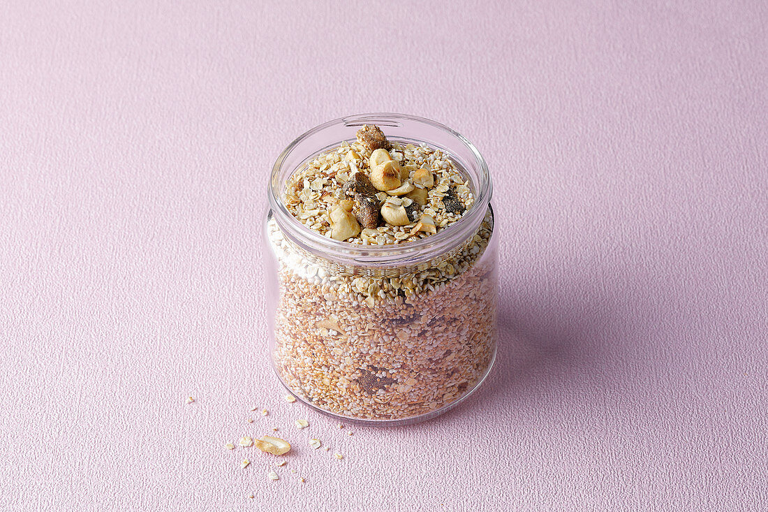 Fruity muesli in a storage jar