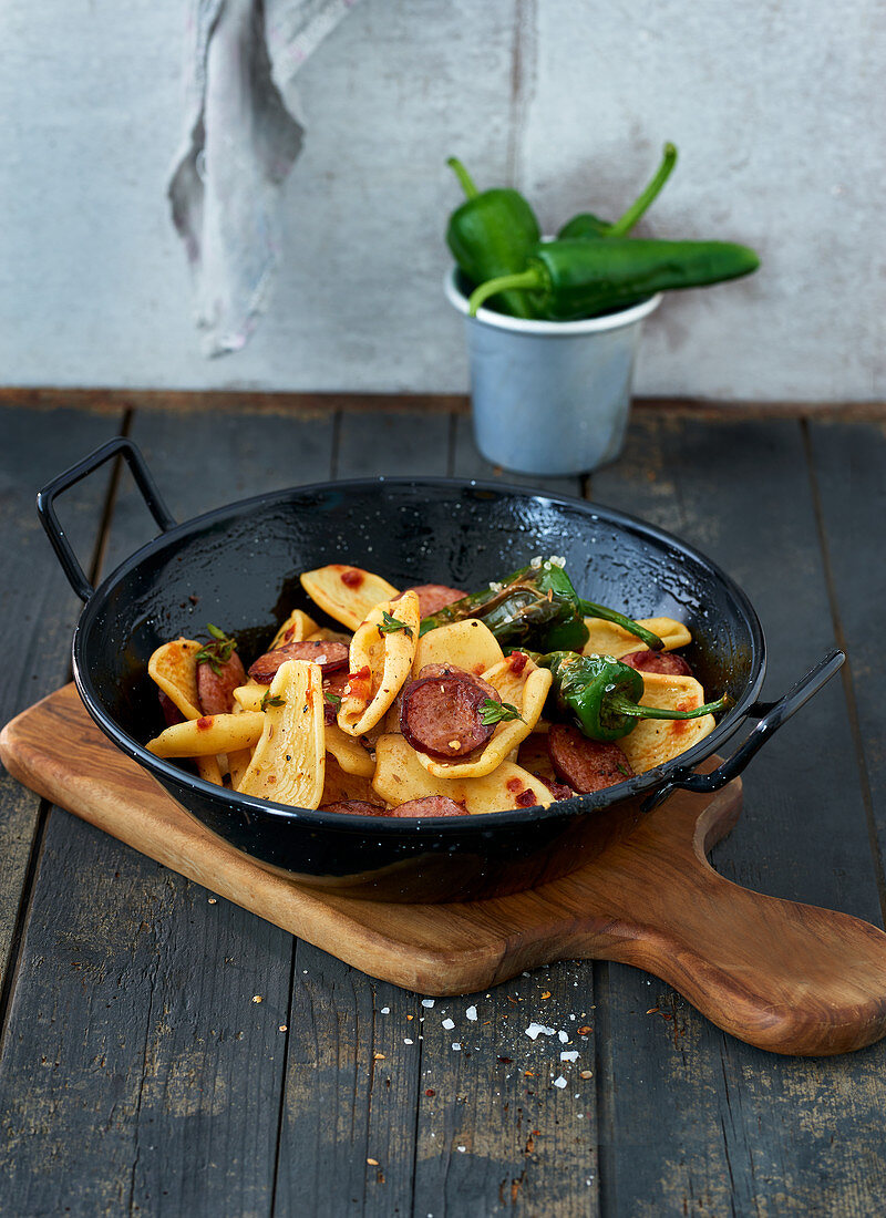 Spicy pasta with fried peppers and chorizo