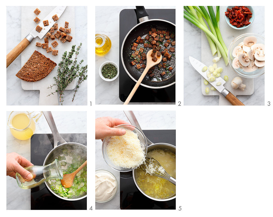 Cheese soup with herb croutons and mushrooms being made