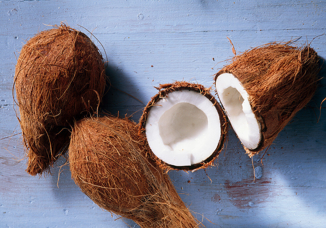 Coconuts, whole and halved