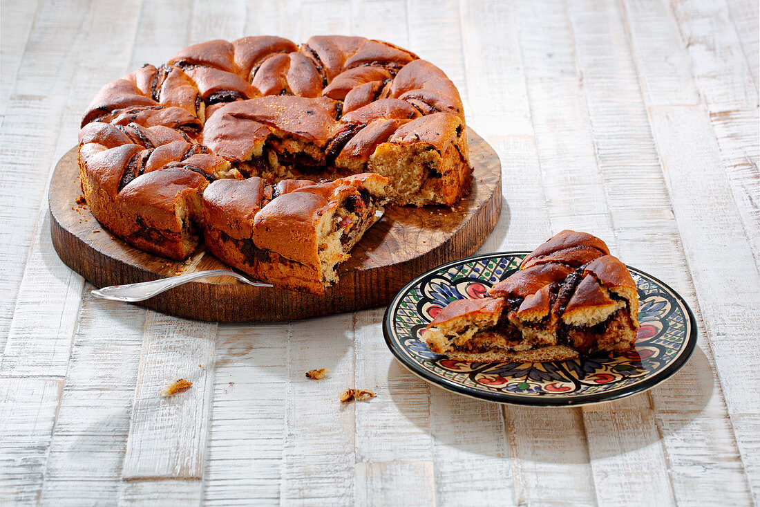 Chocolate yeast cake, sliced