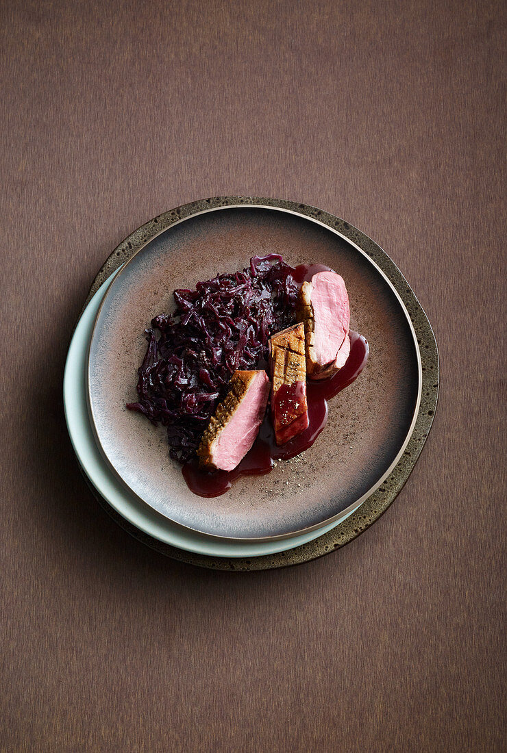 Duck breast with ginger and plum red cabbage